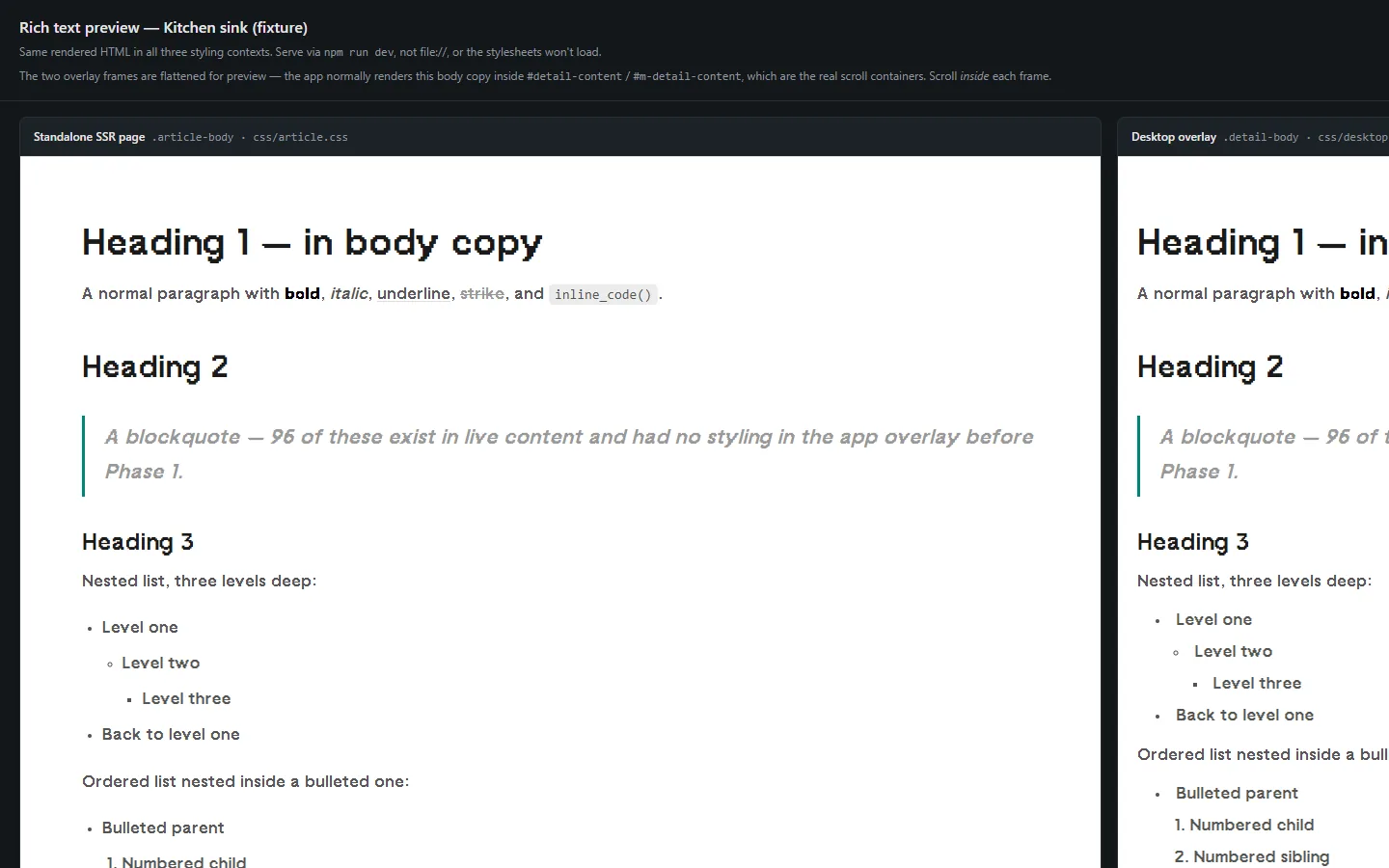 The visual gate: one kitchen-sink post rendered in the standalone, desktop and mobile styles side by side.