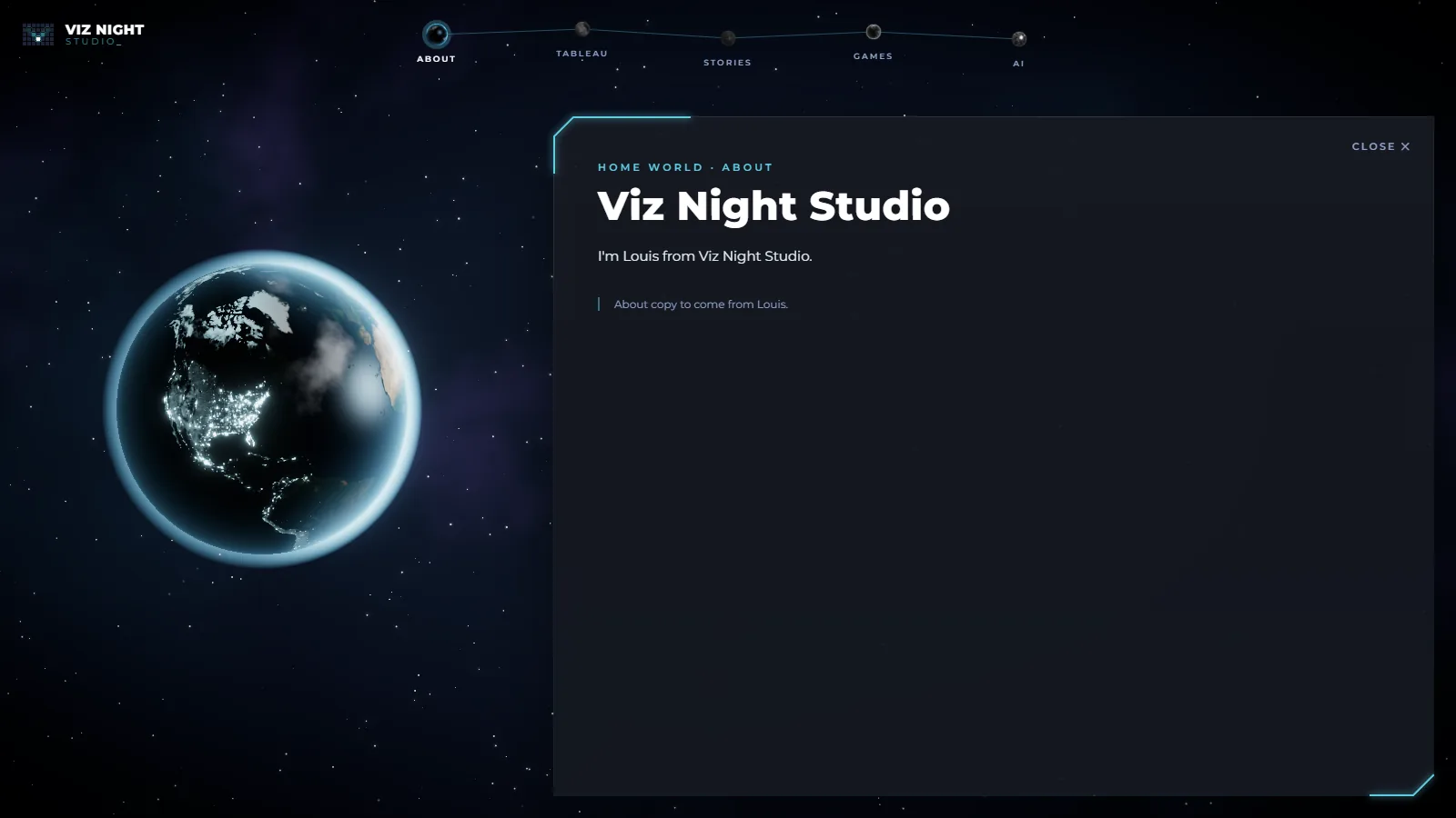Earth: NASA Blue Marble and Black Marble, with cyan city lights.