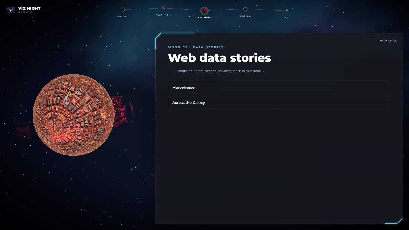 Stories: reddish glyph planet with its hologram ring.